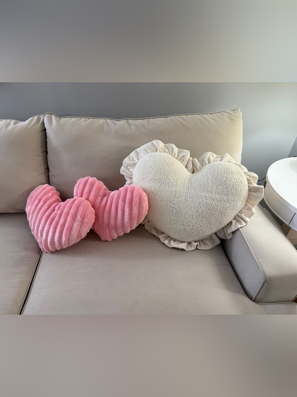 (3) Heart Velvet Decor Throw Pillows Soft Fluffy Shearling Reverse Ivory & Pink